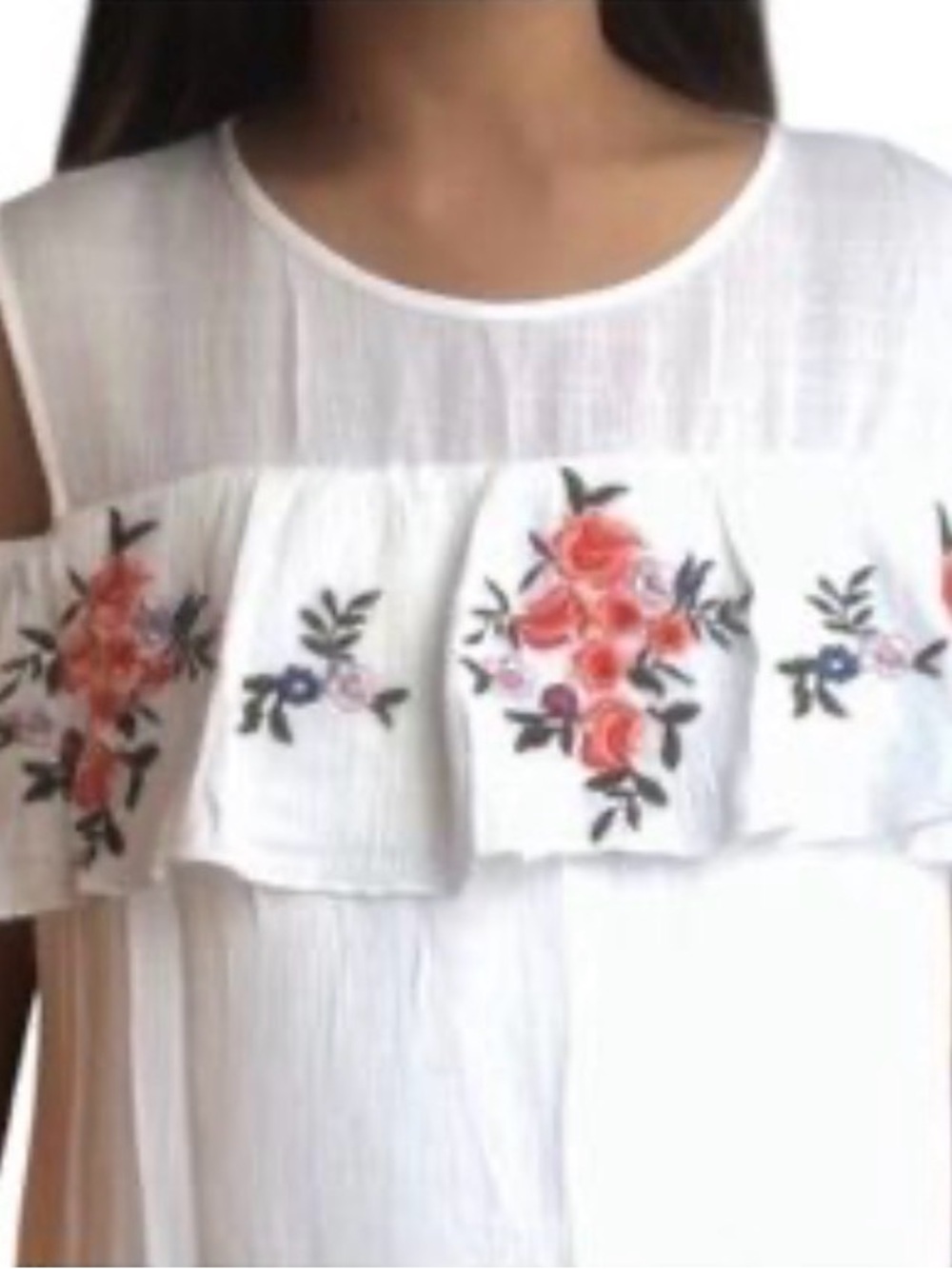 White Cold-Shoulder Embroidered Ruffle Top - Picture 4 of 4